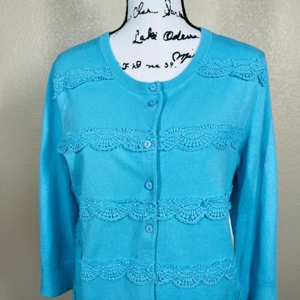 Cable & Gauge Blue cardigan long sleeve with Crochet Lace size L granny core - Picture 7 of 14